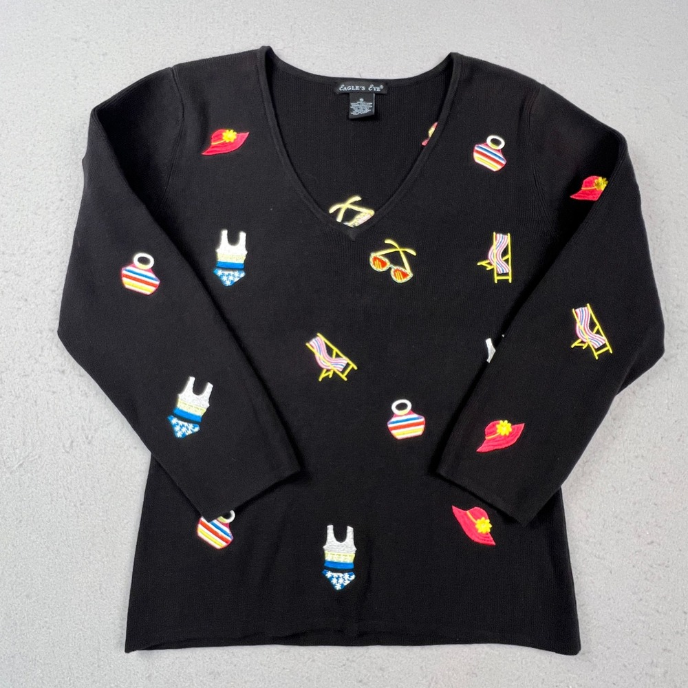 Eagle's Eye Sweater Women S Black Embroidered Beach Vacation V-Neck Novelty Knit
